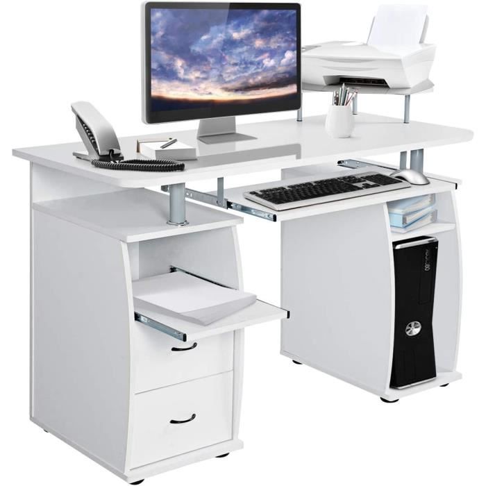 costway bureau informatique avec rangement imprimante, 2 tiroirs, coulissant clavier, table d'ordinateur blanc