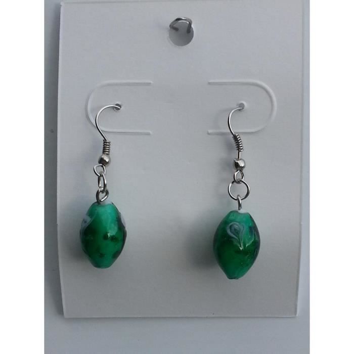 Boucles D'oreilles Pendantes En Verre Murano Vert - Forme Ovale - Plaqué Or - Fait Main