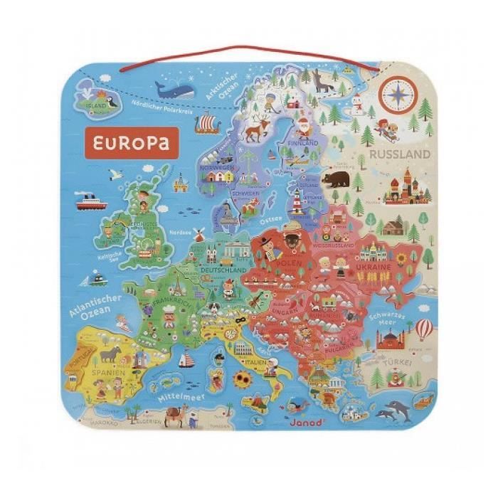 Puzzle carte d'Europe magnétique Janod - Enfant 7 ans et plus - 40 magnets  en bois - Illustré - Bleu
