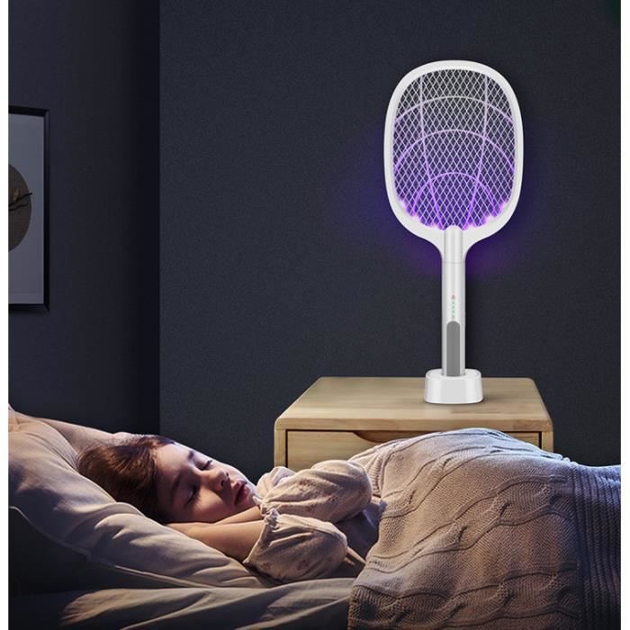 Raquette Anti-Moustique et Insectes Electrique Rechargeable par USB LED Éclairage Lampe 3 Couches Protection en Maille Blanc