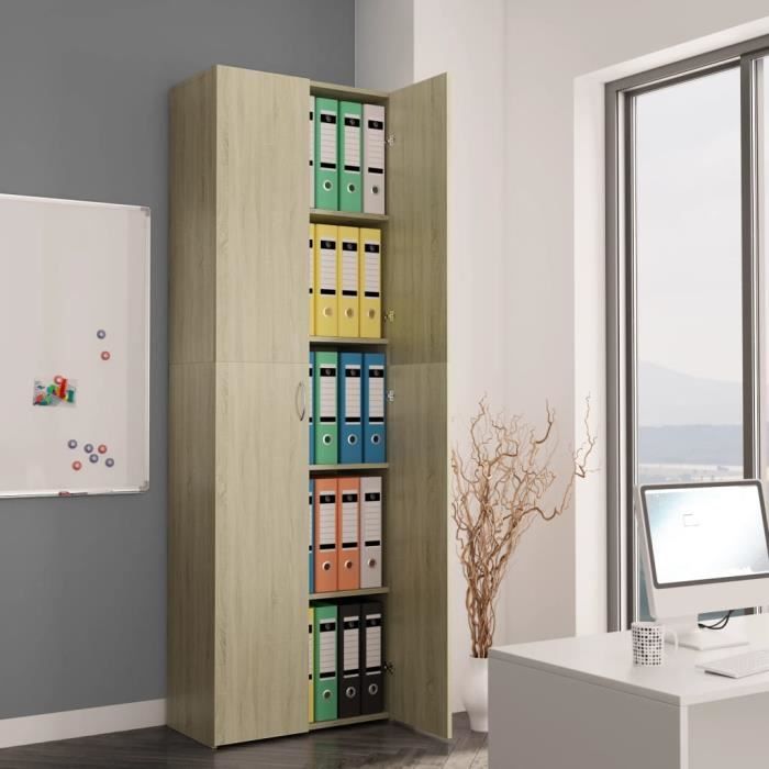 Armoire de bureau - Chêne sonoma - 60x32x190 cm - Aggloméré - 2 portes - 5 étagères