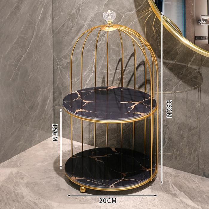 Étagère De Rangement Salle De Bain Cage à Oiseaux – 2 étages, Métal Et Verre, Design Doré/blanc, Gain De Place