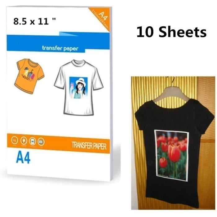 Lot de 10 feuilles de papier transfert pour t-shirt foncé 21,6 x 27,9 cm papier A4 