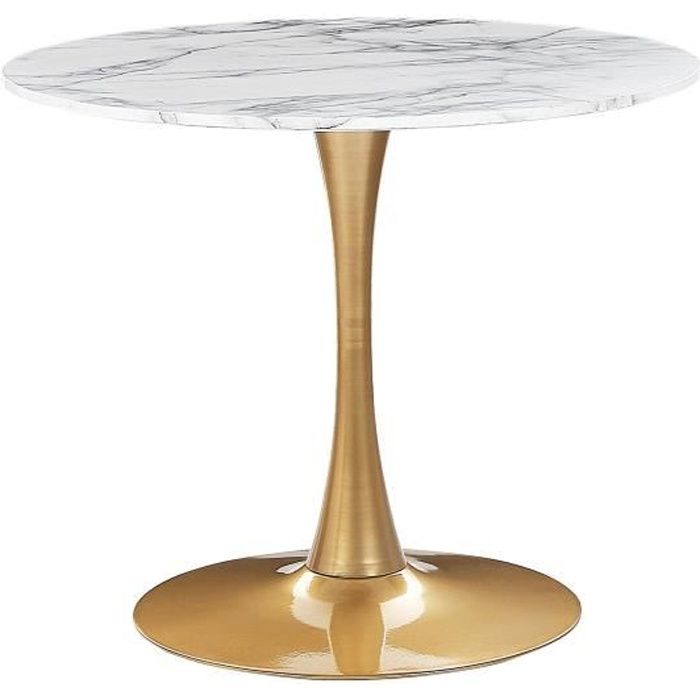 Table à manger ronde d 90 cm effet marbre blanc / support doré BOCA