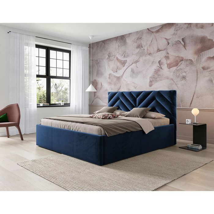 Santiago - lit coffre king size - 180x200 - sommier inclus - en velours - Bleu