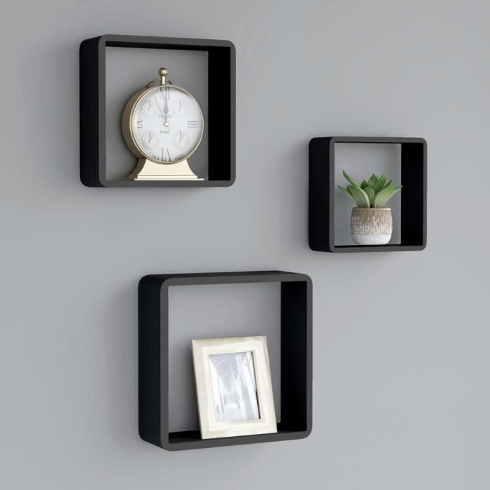 Lot De 3 étagères Murales Cubes En MDF Noir - Dimensions 30x30, 27x27, 24x24 Cm - Montage Invisible - 1