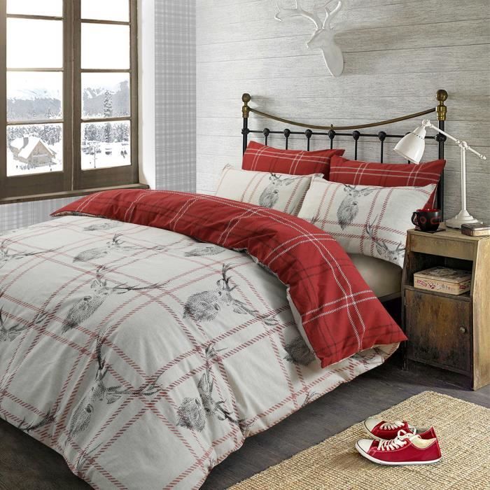 Stag Cerf Housse De Couette Taie D Oreiller A Carreaux Ecossais Literie De Noel Rouge Double Cdiscount Maison
