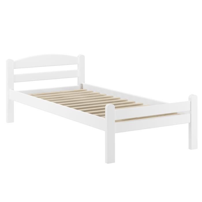 Lit simple hêtre massif blanc 90x200 design classique accessoires sélectionnables V-60.45-09W [sommier à lattes incl.]