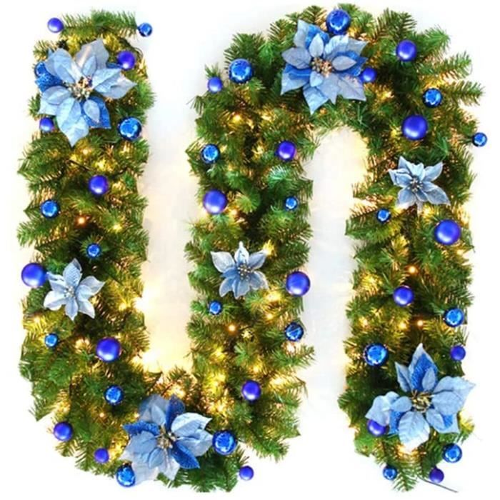 Guirlande Sapin Artificiel De Noël – 2,7 M (9 Pieds) Avec 30 LED – Décorée De Boules, Fleurs, Pommes De Pin – Alimentation Piles