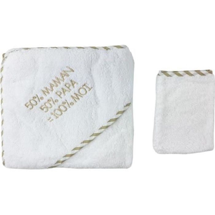 Parure de bain pour bébé Fruit de ma Passion - Blanc et beige - Motif 50% Maman 50% Papa 100% Moi