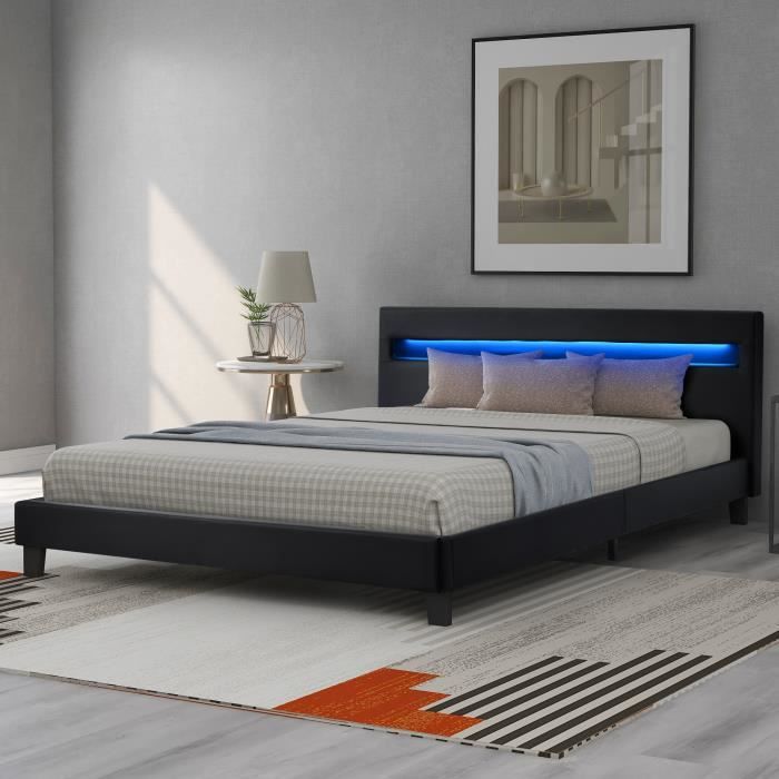 Lit Tapissé 160x200cm (lin Gris) : LED + USB, Tête Avec étagères/rangements, Rangement Hydraulique (compartiments), Sommier Lattes, Adulte Double | Leroy Merlin