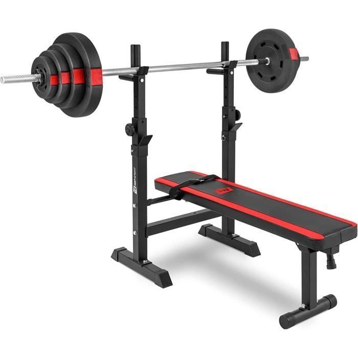 Banc de Musculation Hop-Sport 1080 + Ensemble Poids de musculation de 90 kg + avec Barre d'extension longue