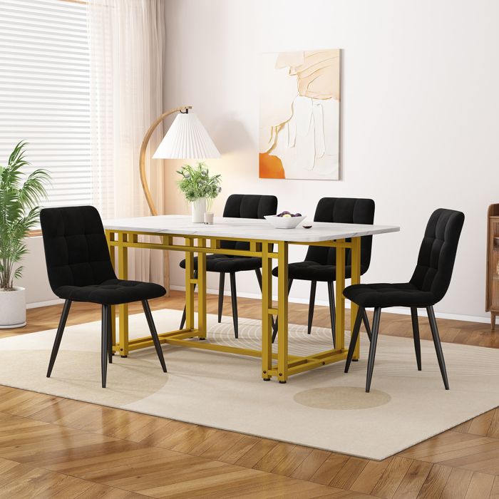Ensemble table + 4 chaises -140×80×75cm, MDF+métal+velours, noir