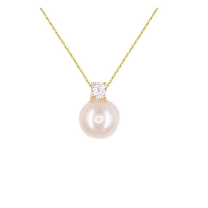 Collier Femme Or Jaune Véritable - Pendentif Perle Orné d'un Zirconium