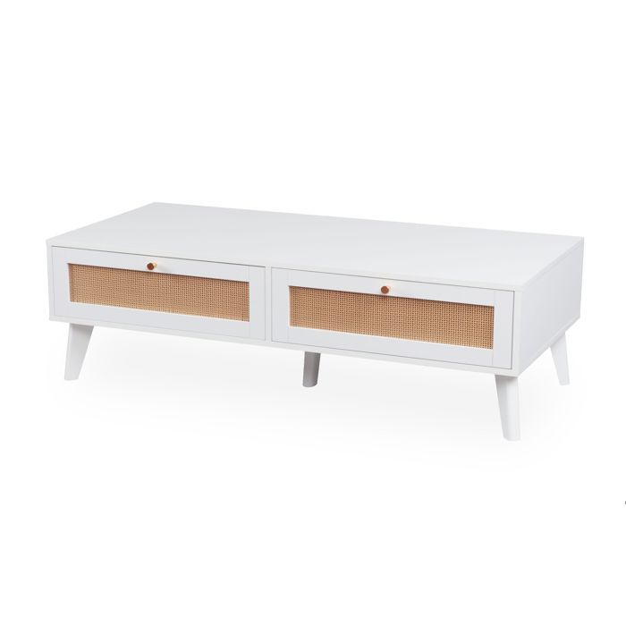 MENZZO Table basse 2 tiroirs avec cannage Dalgora L120cm Blanc MENZZO Table basse 2 tiroirs avec cannage Dalgora L120cm Blanc
