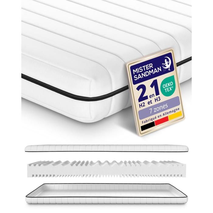 Matelas 140x190 cm en mousse 7 zones de confort confort ferme et équilibré 15 cm fabriqué en Allemagne certifié Oeko-Tex