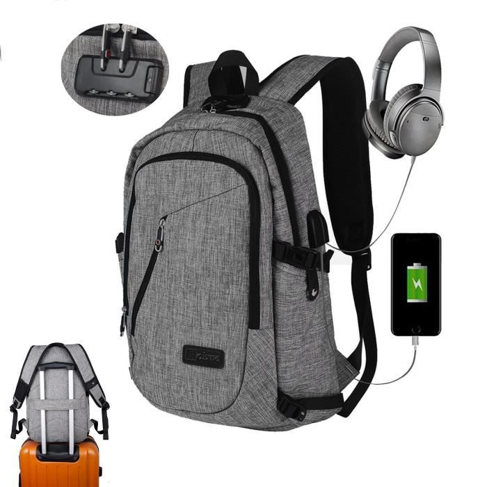 Unisexe Large Anti-Theft Sac à dos ordinateur portable Voyage sac d/'école USB avec port de charge
