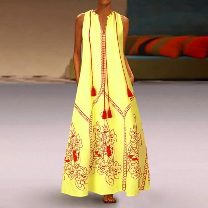 Ye Robe Robe d'été Vintage sans manches en coton mélangé imprimé floral - Type ...