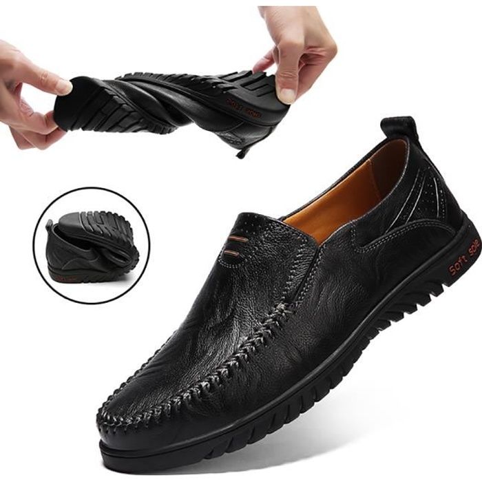 Mocassins Homme en Cuir Véritable Noir - Semelle Plate Souple et Confortable