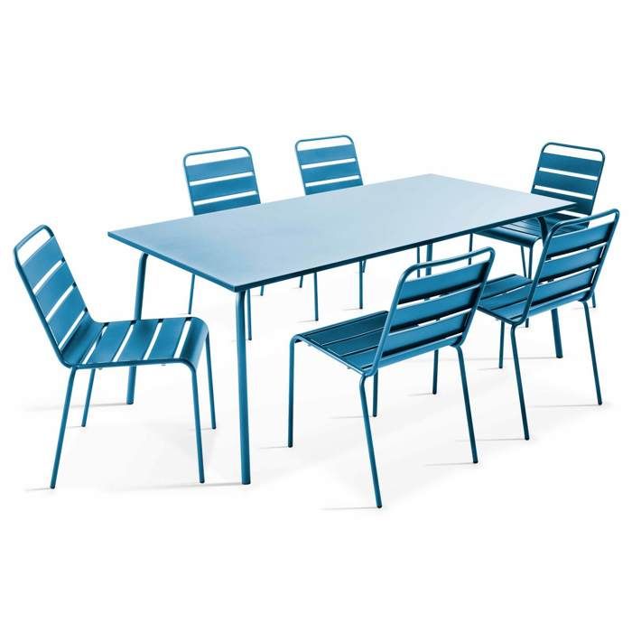 Ensemble table de jardin et 6 chaises en métal bleu pacific Palavas Oviala