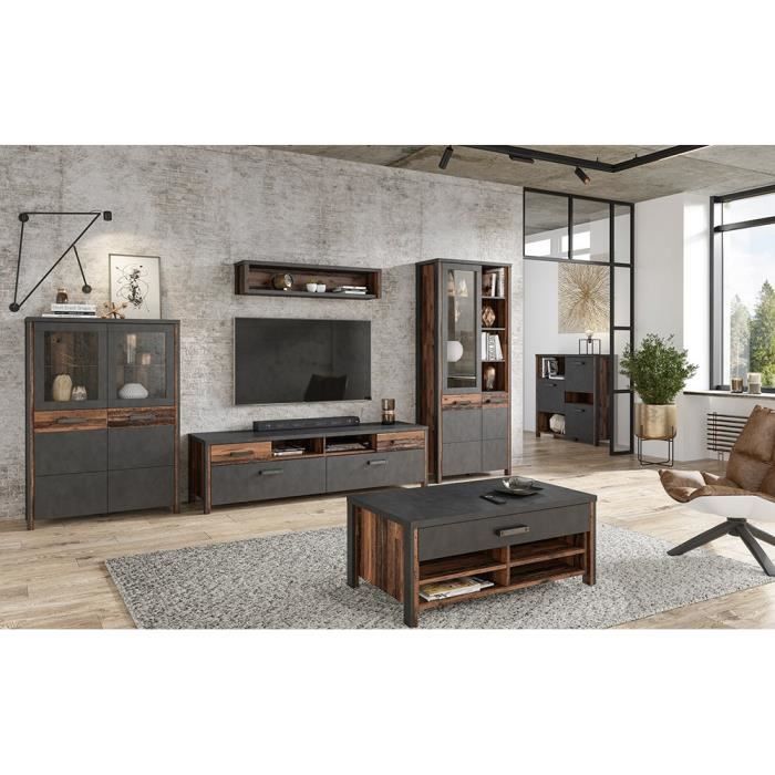 Ensemble 5 meubles de salon collection WINDSOR. Coloris gris anthracite et chêne foncé. 107x45x60 Gris