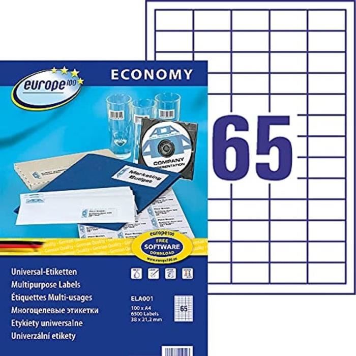 Printation 6500 Étiquettes Blanches Autocollantes 38,1 X 21,2 Mm – 100 Feuilles A4 – 65 Étiquettes/Feuille – Compatibles Laser, Jet D'Encre & Photocopie