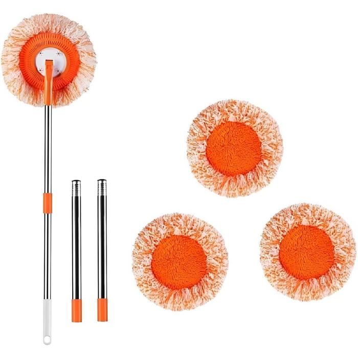 Balai Plat Réutilisable Avec 4 Serpillères Lavables - Télescopique, Rotation 360°, Grattoir Inclus - Pour Sols, Carrelage, Parquet