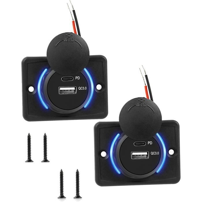 Intckwan Prise USB 12-24V 66W PD QC3.0 Étanche - Lot 2 Pièces Avec Interrupteur Lumière Bleue - Moto Voiture Bateau