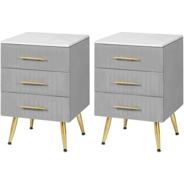 Lot de 2 tables de chevet en velours gris - WOLTU - 40 5 x 41 x 60 cm - 3 tiroirs - MDF - Métal - Plateau marbré Lot de 2 tables de chevet en velours gris - WOLTU - 40 5 x 41 x 60 cm - 3 tiroirs - MDF - Métal - Plateau marbré