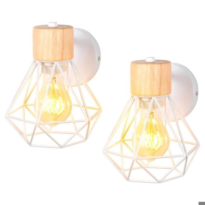 WOTTES Applique murale en bois Moderne intérieure 2 pièces Ø16cm Blanc Cage lampe murale industrielle pour Cuisine Balcon