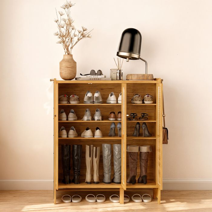 HOMCOM Meuble à Chaussures En Bambou Naturel - Armoire Rangement 3 Portes Ajourées - 100L X 35P X 80H Cm - Style Bois Clair