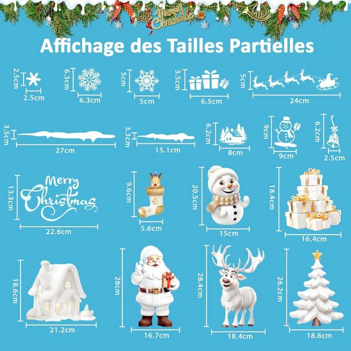 Autocollants Fenêtre Noël PVC - Lot De 9 Feuilles 30x20 Cm, Motifs Flocons, Père Noël, Renne - Statique Amovible Et Réutilisable