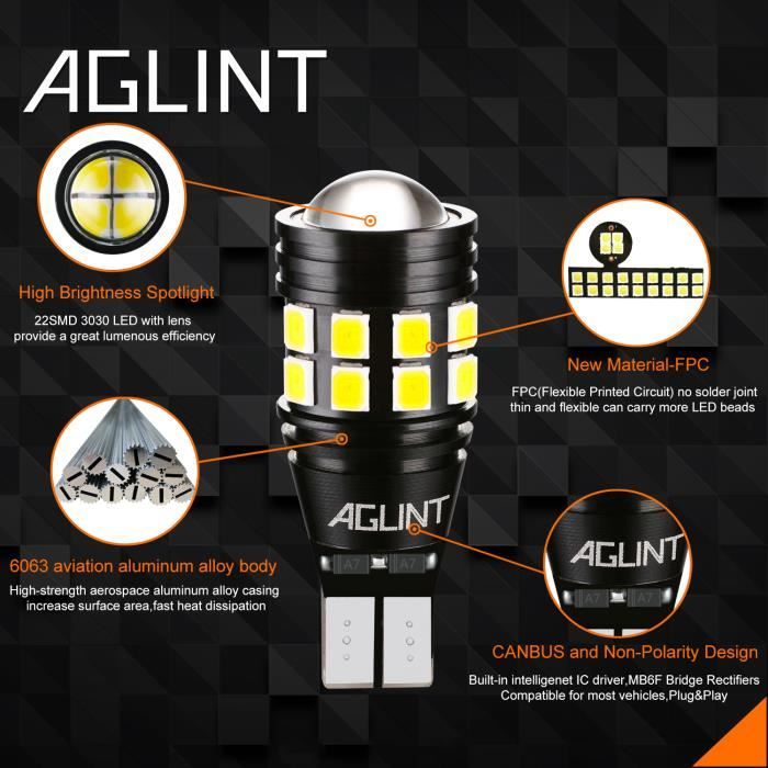  AGLINT T15 W16W LED Ampoule CANBUS Sans Erreur 22SMD 912 921  Ampoules Pour Auto LED Sauvegarde Inversée Ampoule, Xenon Blanc
