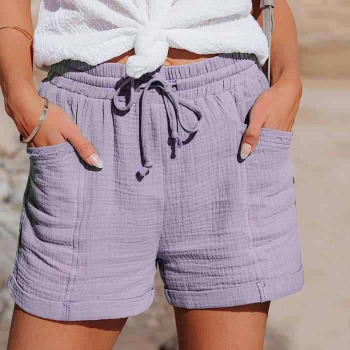 SHORT Short Lin Coton Femme ete Chic Large Fluide Pas Cher Shorts Femme Grande Taille elastique avec Poches Confortable Violet