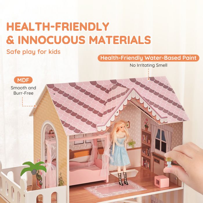 Maison De Poupée Princesse 4 étages – 15 Pièces, 4 Poupées, Lumières LED, Toboggan Et Balançoire – Cadeau Dès 3 Ans