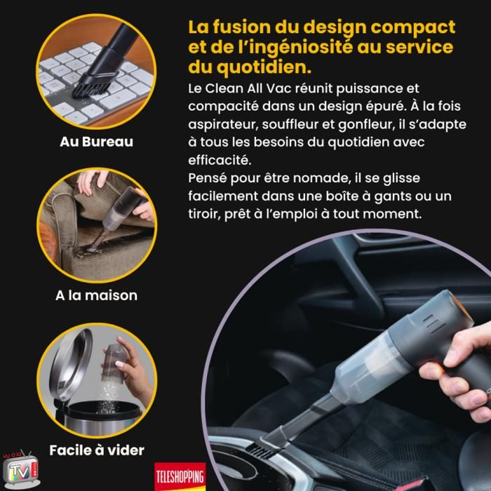 Mini Aspirateur/souffleur 4-en-1 Venteo Clean All Vac - Rechargeable USB-C, Portable, Avec 4 Embouts - Idéal Voiture, Bureau, Petits Espaces - 4