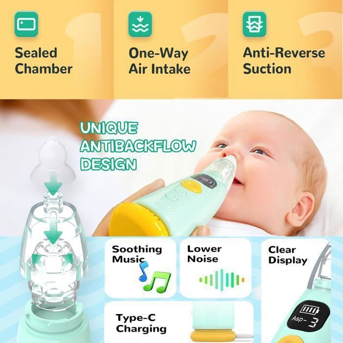 Aspirateur Nasal Bébé Électrique Rechargeable - 3 Niveaux D'Aspiration, 3 Embouts Silicone, Fonction Musicale Et Lumières - 11