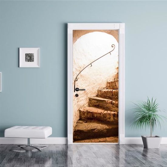 Stickers Porte Trompe L'Oeil 3D Coucher De Soleil Ciel Pont En Bois Paysage Simple Auto-Adhésif Autocollants Papier Peint 90 X 200 Cm Pvc Imperméable Amovible Diy Vinyle Murales Chambre Salon Cuisine