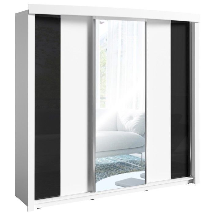 Armoire, garde robe DUBLIN trois portes coulissantes. Coloris noir et blanc laqué. Meuble pour chambre à coucher. Miroir inclus