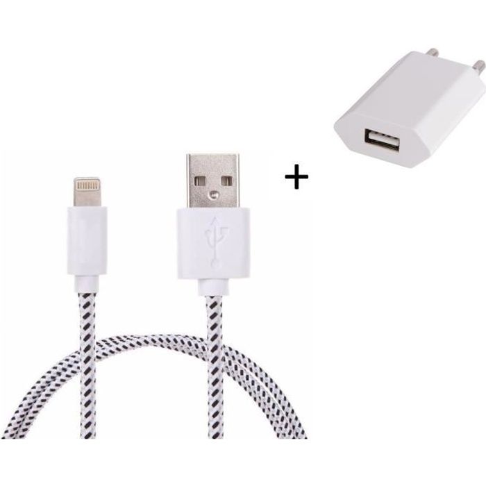 Pack Chargeur pour IPHONE Xr Lightning (Cable Tresse 3m Chargeur + Prise Secteur USB) Murale Android (BLANC)