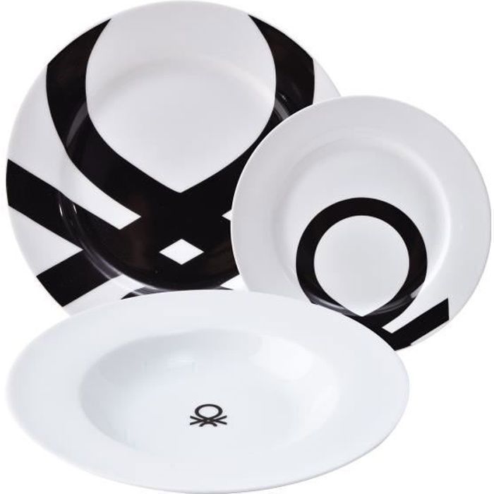 SERVICE À VAISSELLE 18 PIÈCES PORCELAINE LOGO IMPRIMÉ NOIR CASA BENETTON