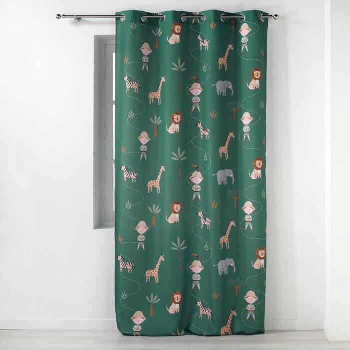 RIDEAU A OEILLETS 140 x 260 CM POLYESTER IMPRIME LEO L'EXPLORATEUR EMERAUDE