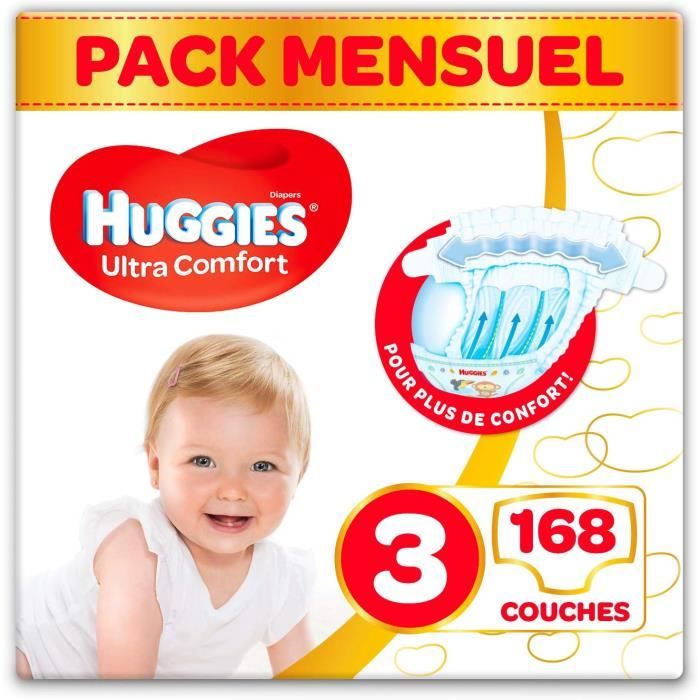HUGGIES Ultra Comfort - Couches Bébé unisexe x168 Taille 3 - Pack 1 mois