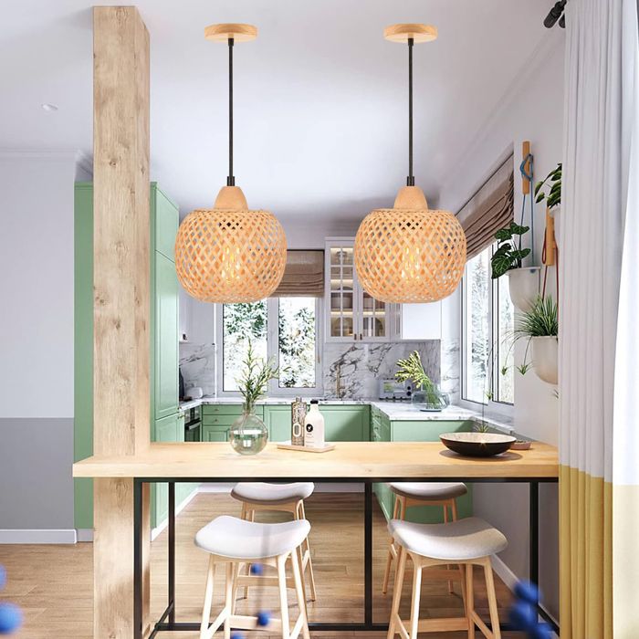 IDEGU 2pcs Lustre Suspension Vintage Lampe Luminaire Ajustable en Bambou Designe Rond Plafonnier Style Campagne pour Salon Chambre