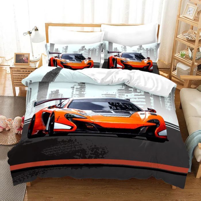 Housse De Couette Voiture de Sport 140x200cm avec Taies doreiller Moderne Orange Auto Housse de Couette en Microfibre Homme Enfant