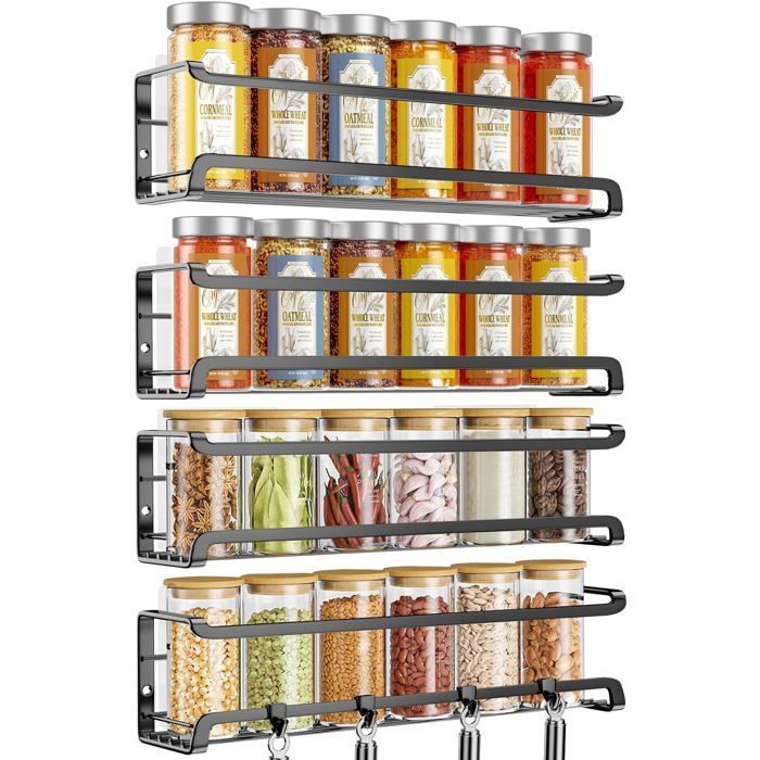 Étagère à épices Métal Noir – Organisateur Rangement Pour Pots Et Conserves – 40x14x43 Cm