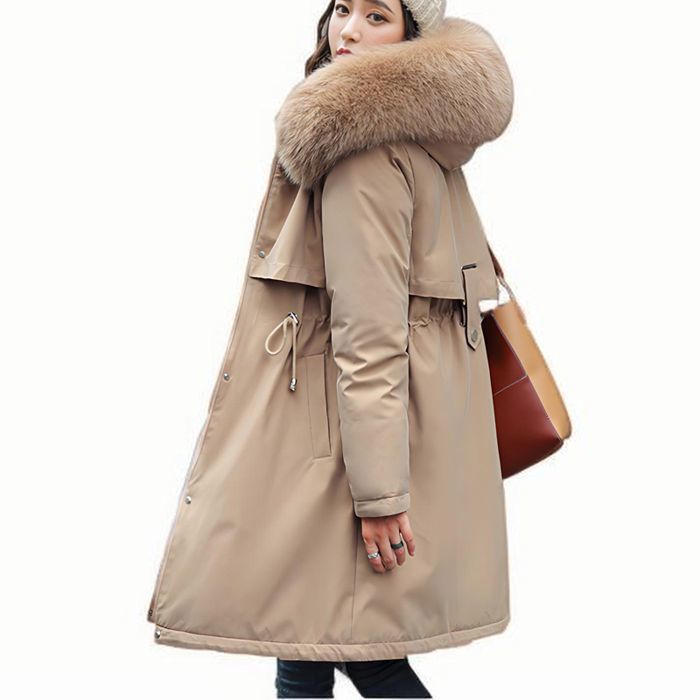 Doudoune Femme Mi-Longue Doudoune à Capuche Col en peluche décontractées Veste Chaud épais dhiver pour Ski Snowboard Kaki