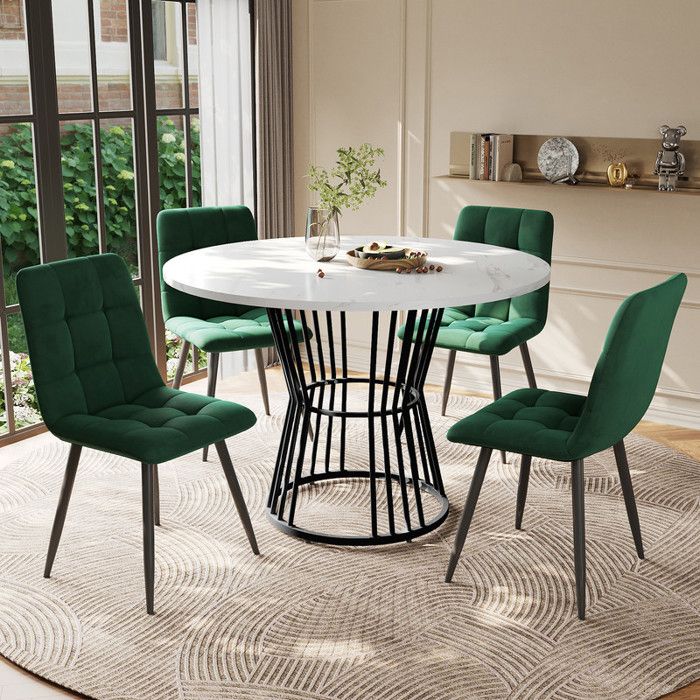Ensemble Table à Manger - Design Unique - 100 cm - Velours Vert - Pieds Métal Noir