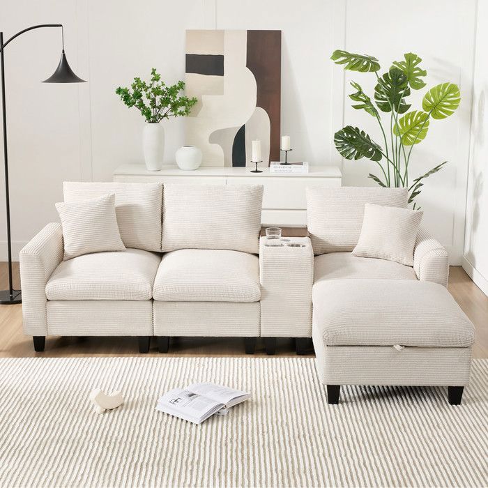 Canapé dangle convertible - Modulaire - 229x149.5x83 cm - Velours côtelé - Beige - USB