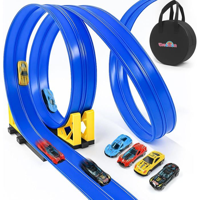 Circuit Voiture Flexible 4,5 M Pour Enfants - 4 Voitures En Métal Incluses, Sac De Rangement - Piste De Course à Construire, Jeu 3 à 8 Ans - Bleu